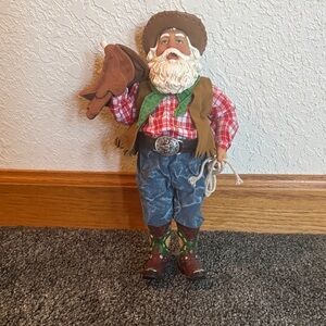 Cowboy Santa Figurine with Red and Blue Outfit